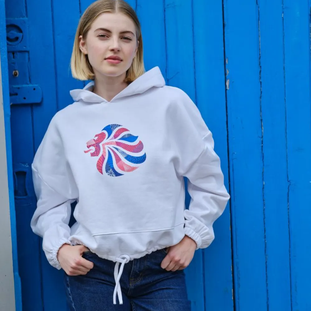 Women Team GB Abstract Lion White Oversized Cropped Hoodie