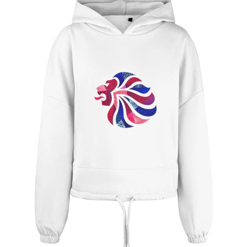 Women Team GB Abstract Lion White Oversized Cropped Hoodie