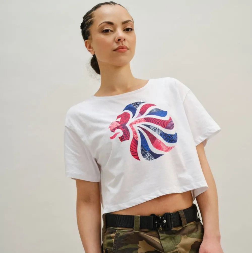 Women Team GB Abstract Lion Women's White Crop Top
